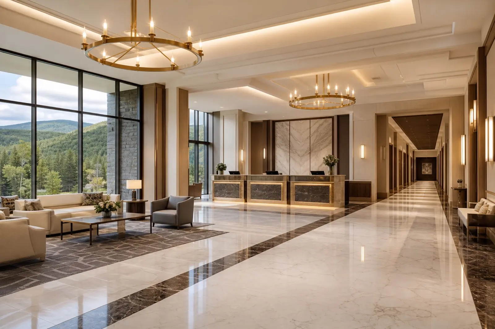 Hotel lobby corridor with mountain views through windows